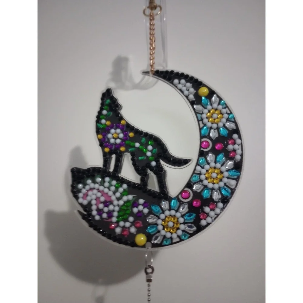 Wolf Howling at Moon Suncatcher Rhinestone Beaded Hanging Ornament Crystal Prism